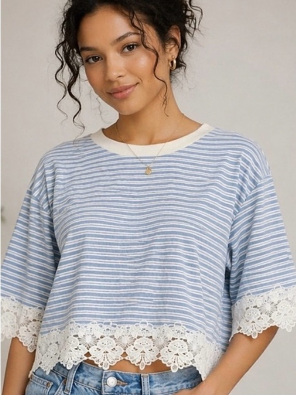 Topshop NWT Blue Stripe Lace Trim Top Size 6 Cottagecore Coastal Boho